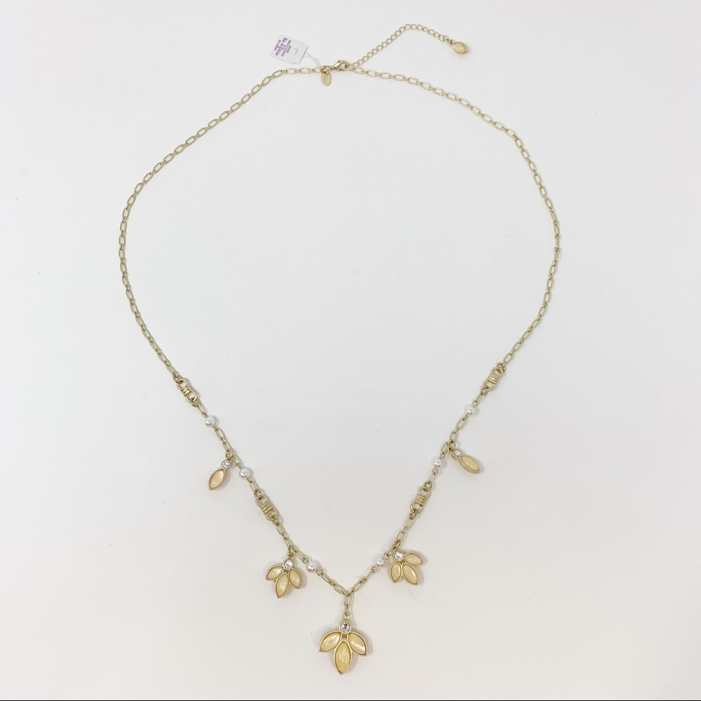 Lia Sophia Gold Tone Flower Drop Necklace Pearl Accents Long Chain Sophisticated - Picture 3 of 5